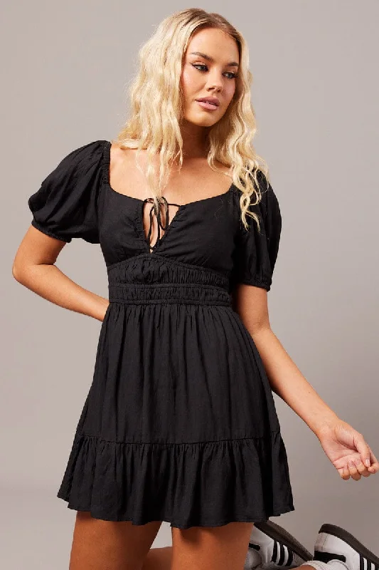 Black Fit And Flare Dress Puff Sleeve Mini