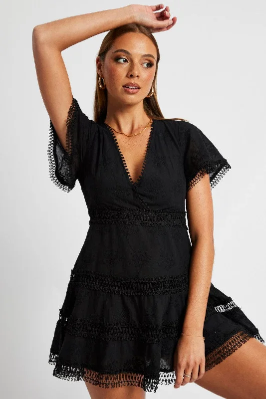 Black Fit And Flare Dress Short Sleeve Mini