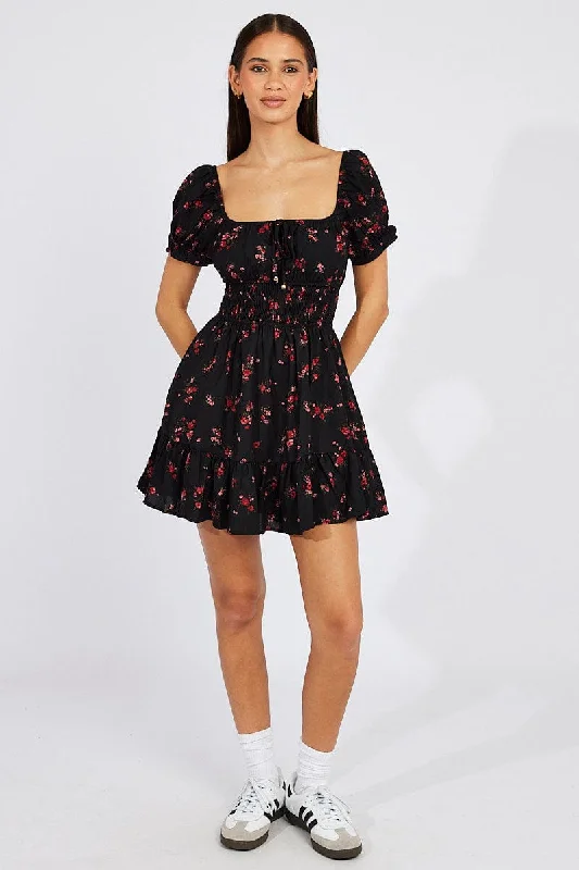 Black Floral Fit And Flare Dress Puff Sleeve Mini