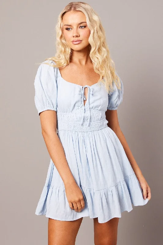 Blue Fit And Flare Dress Puff Sleeve Mini