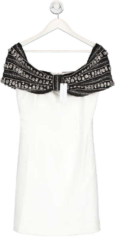 Karen Millen White Crystal Embellished Bow Detailed Woven Mini Dress UK 10