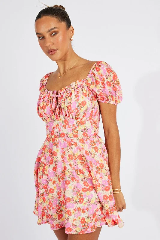 Pink Floral Fit And Flare Dress Puff Sleeve Mini