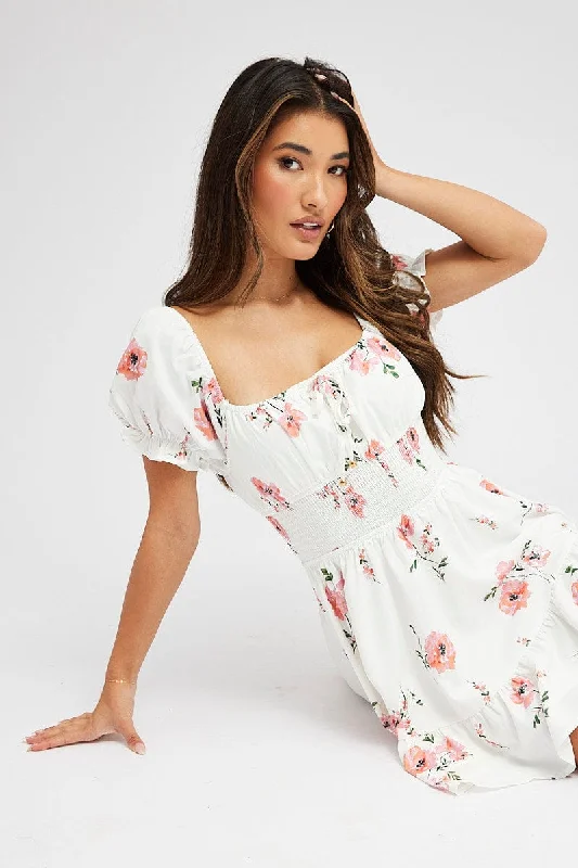 Pink Floral Fit And Flare Dress Puff Sleeve Mini