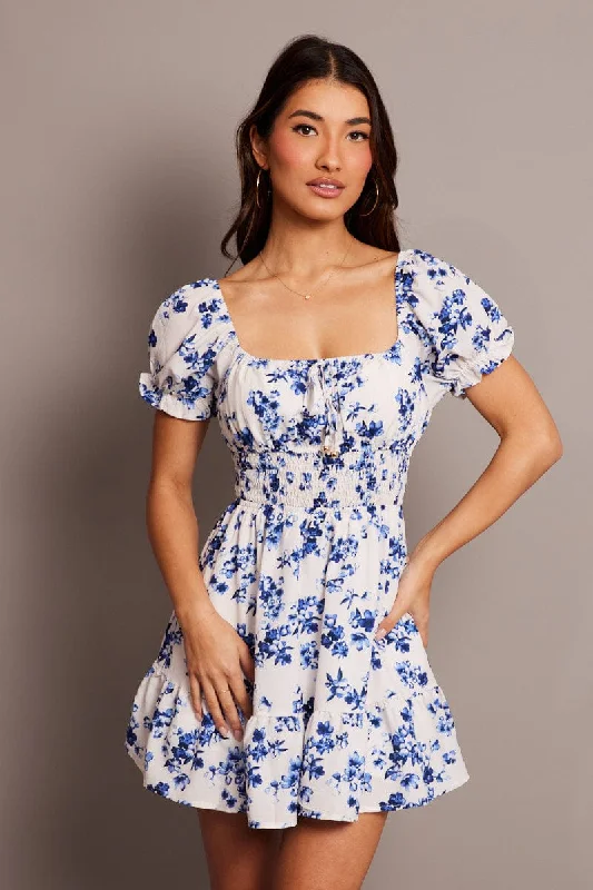 White Floral Fit And Flare Dress Puff Sleeve Mini