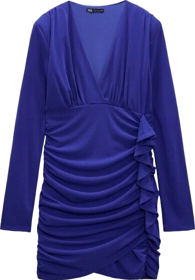 ZARA Blue Ruffle Detail Long Sleeve Double Lined Mini Dress BNWT UK S