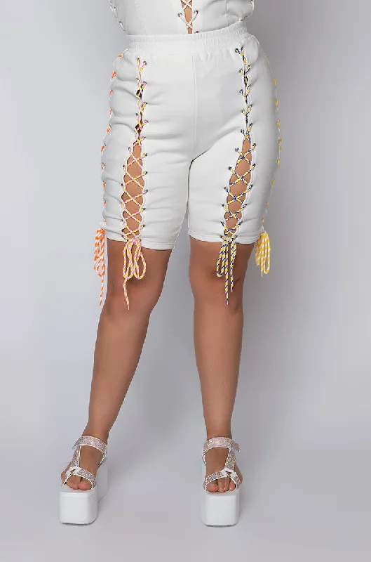 PLUS READY WHEN YOU ARE LACE UP BIKER SHORT IVORY