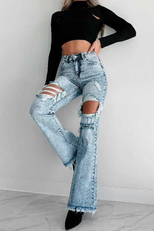 Evangeline High Rise Distressed Risen Flare Jeans (Medium Acid)