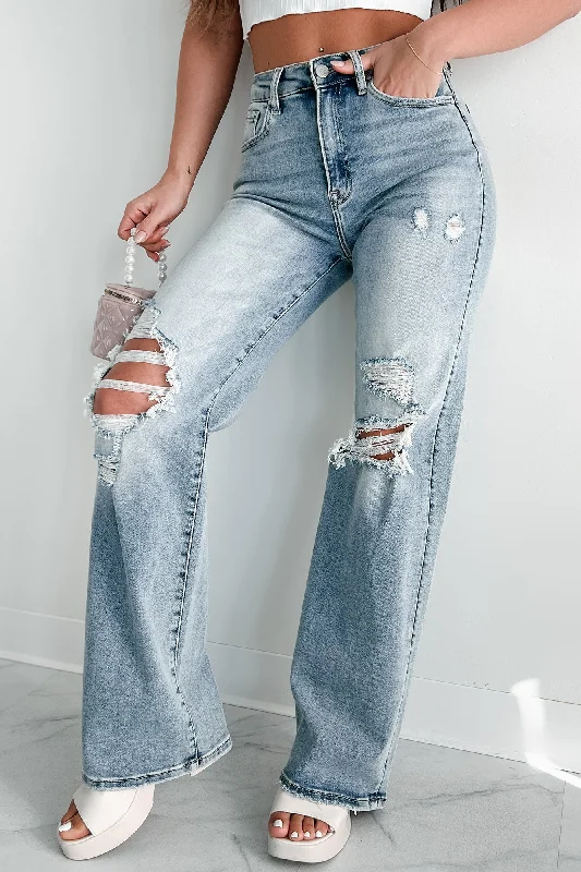 Kam High Rise Distressed Straight Leg Jeans (Light)