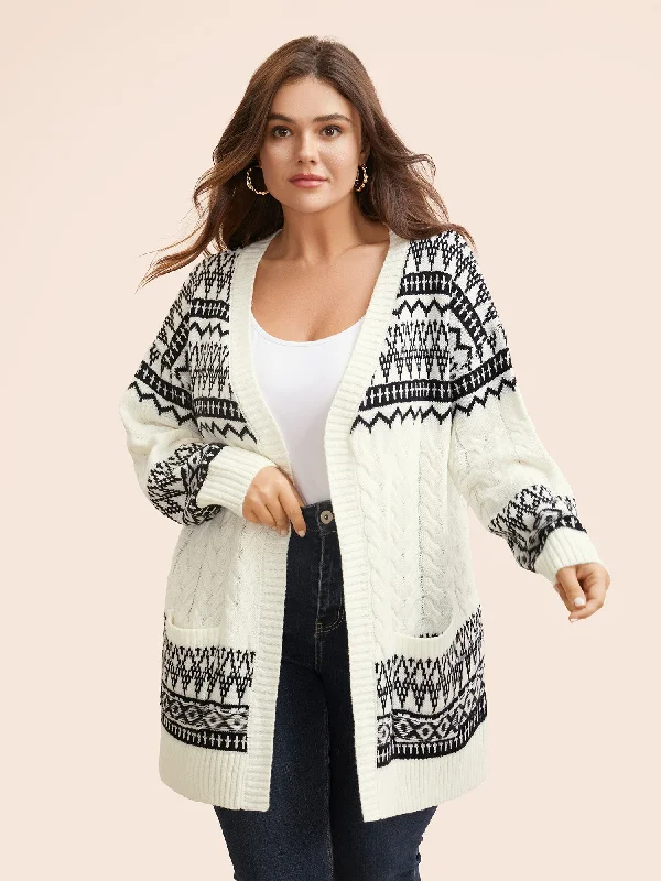 Bandana Jacquard Cable Knit Pocket Cardigan